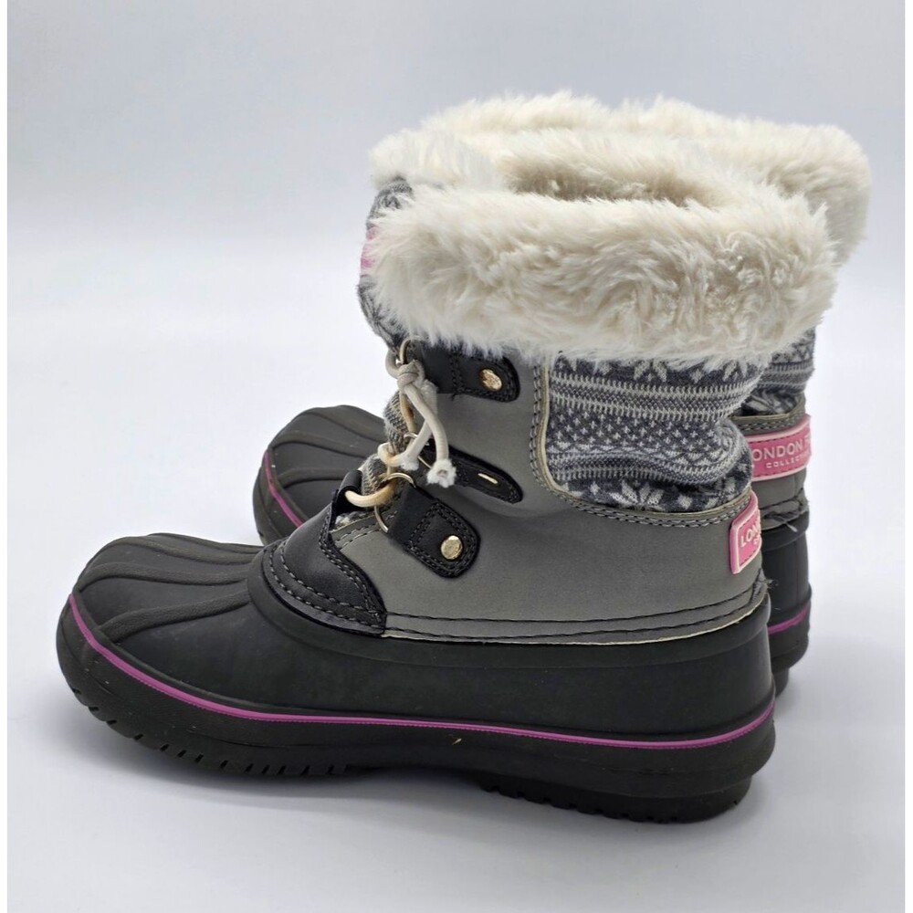 London Fog Collection Kids Snow Boots Size 13 Lace-Up Faux Fur Gray/Black/Pink
